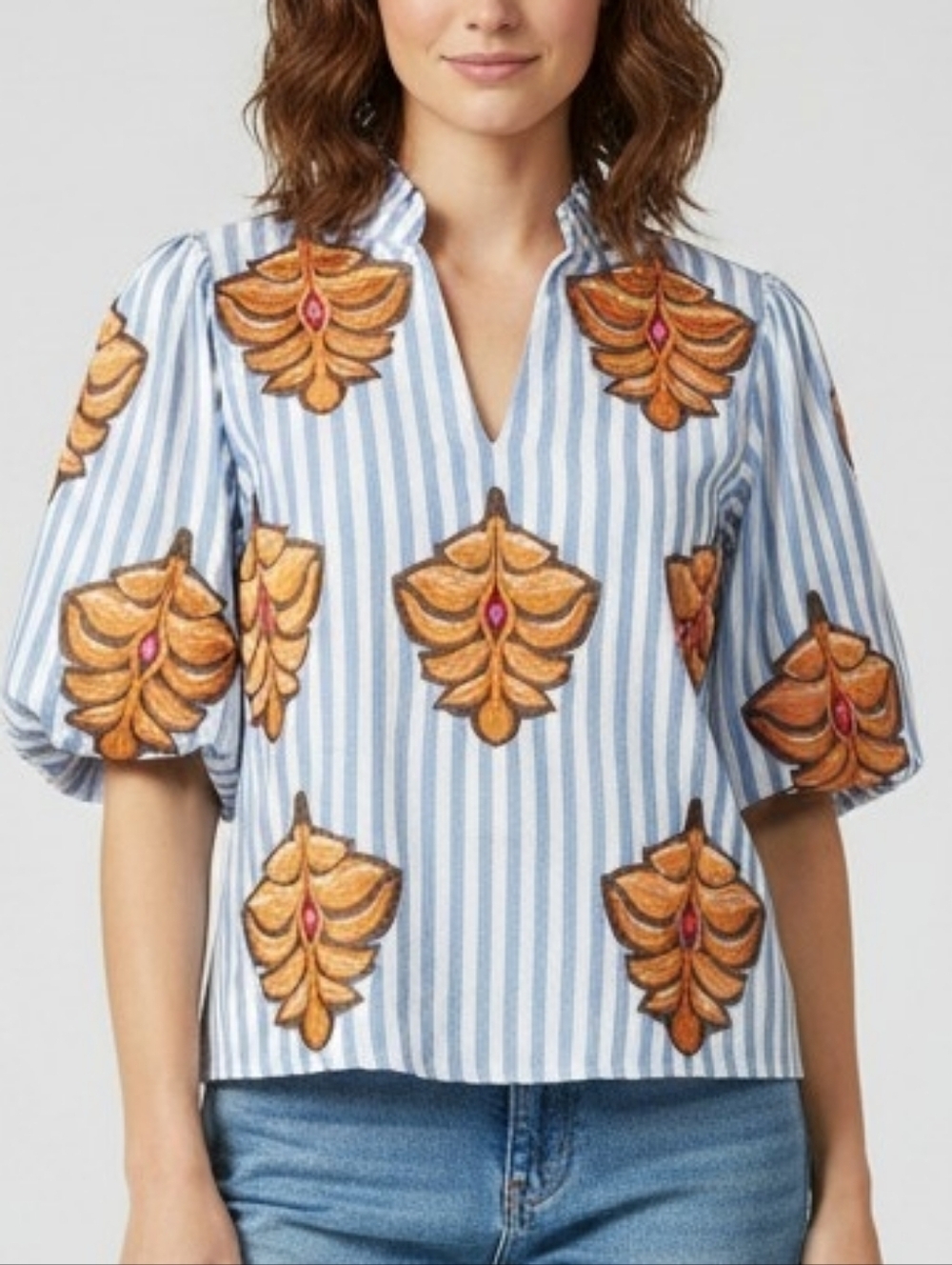THML Cassie Leaf Embroidered Puff Sleeve Blouse Top Medium